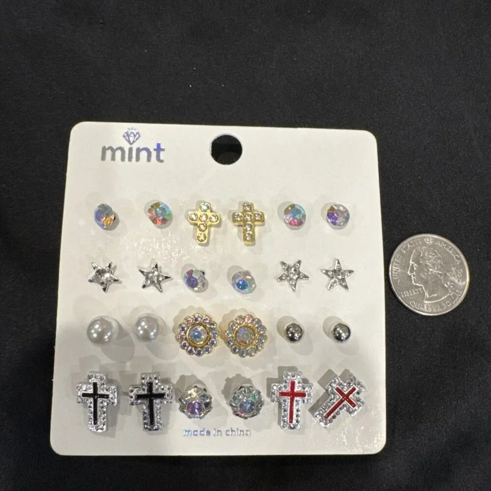 Mint 24 Pc Set Studs Faux Pearl Rhinestone Cross Bows Earrings MultiPack NEW